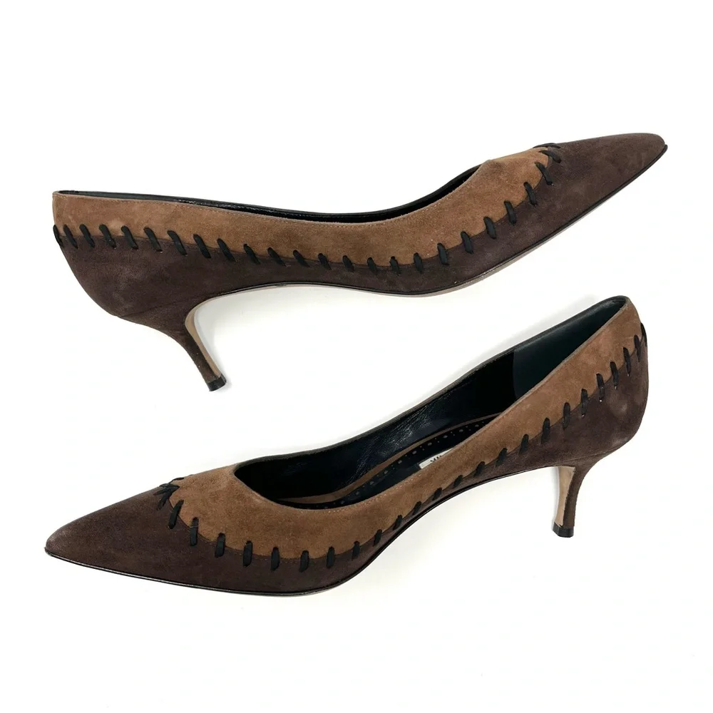 Manolo Blahnik Western Suede Kitten Low Heels Pumps Brown Tan Pointed Toe 40 10